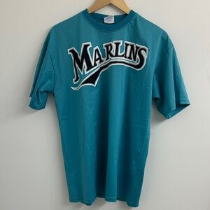 VINTAGE 90s Marlins Teal Short-Sleeve Mens Batting Jersey